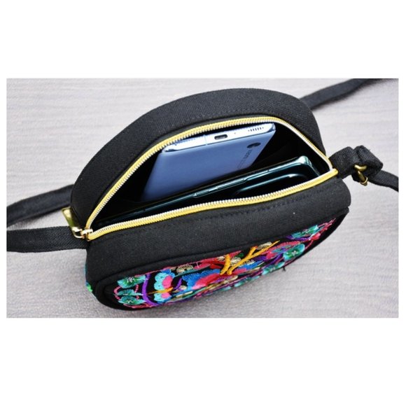Embroidered Round Shoulder Bag Bright Multi Color Floral bag adjustable strap - Picture 5 of 5